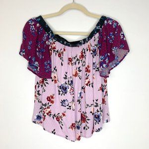 BLUE RAIN Mixed Purple‎ Floral Boho Flowy Flutter Sleeve Blouse Sz S